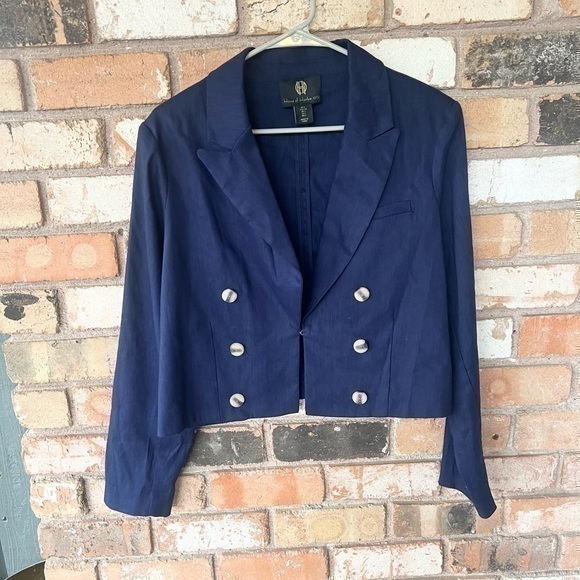 House Of Harlow 1969 Cropped Linen Blend Navy Blazer
